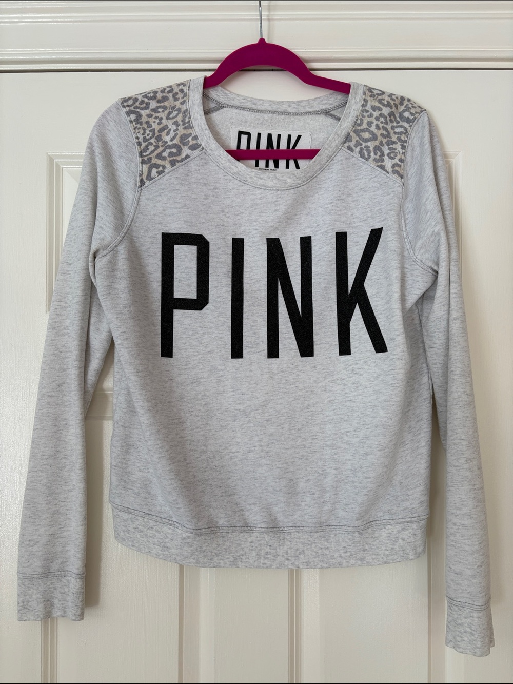 PINK Victoria's Secret Lightweight Gray crewneck Black Logo and Leopard Trim